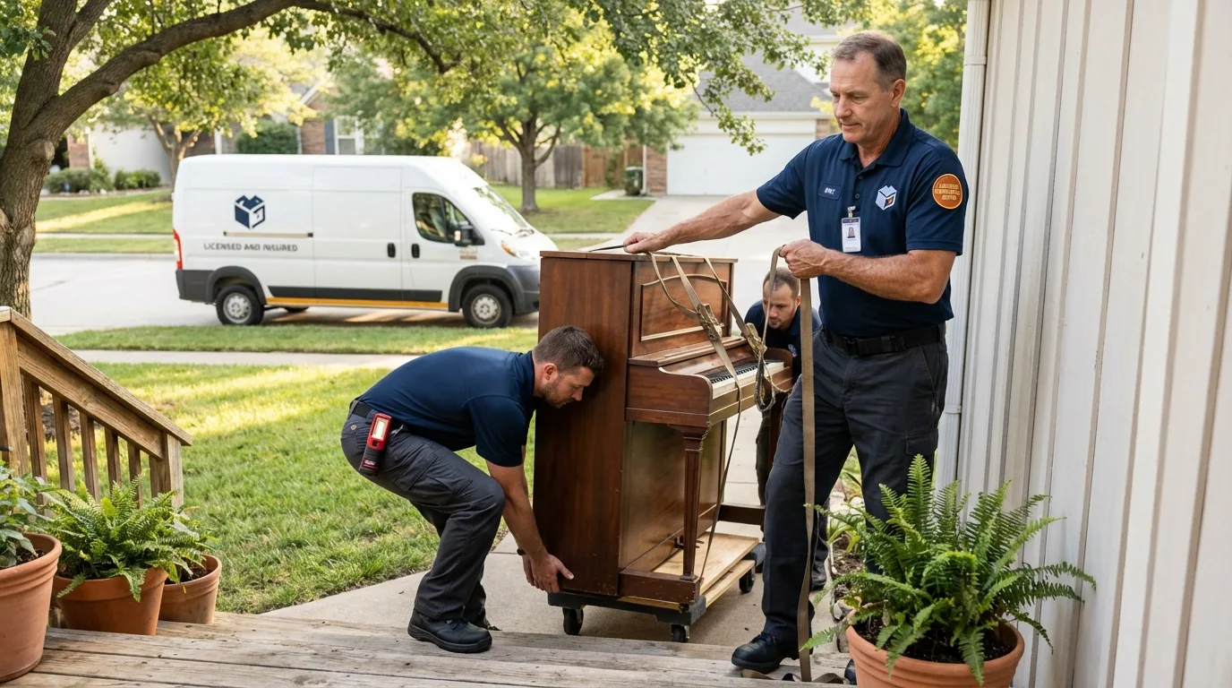 Licensed piano movers securing grand piano in Canby, MN