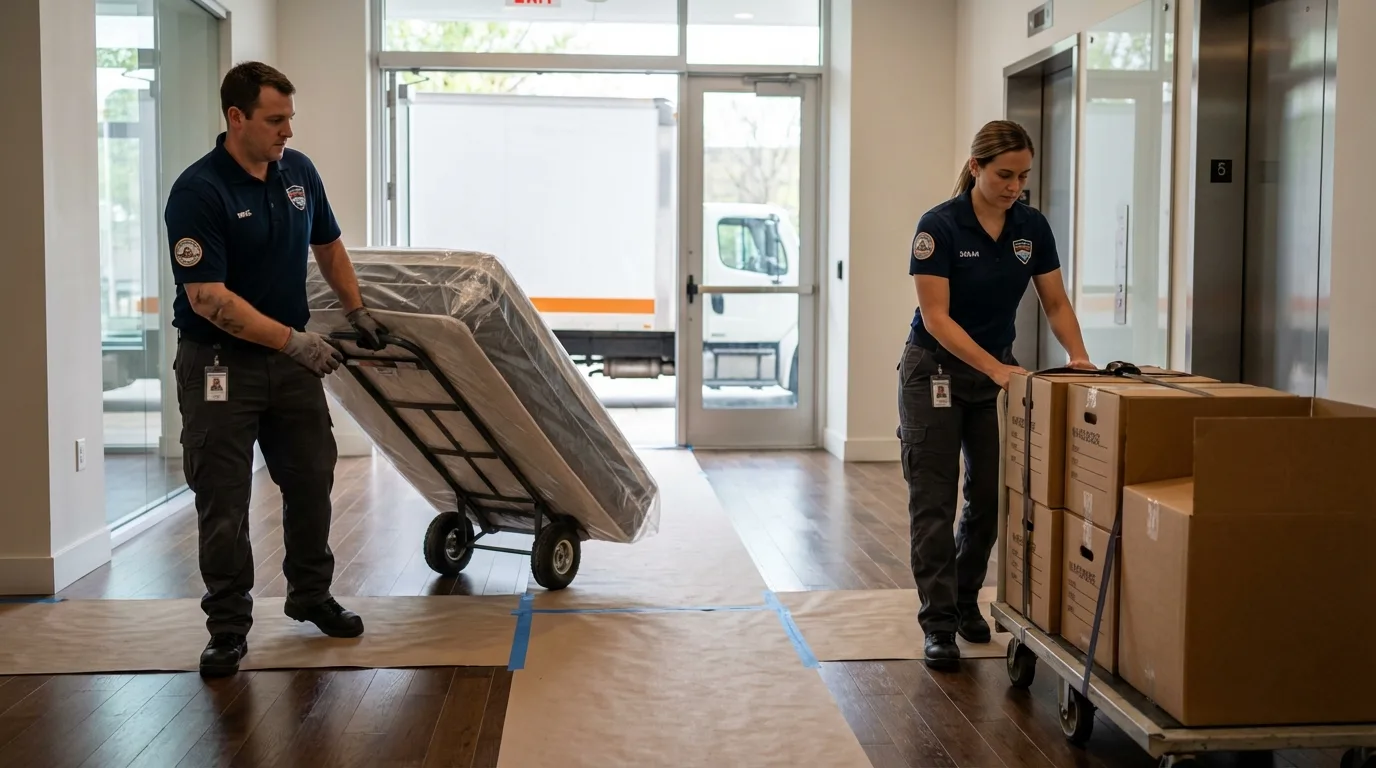 Professional apartment movers loading elevator in Canby, MN